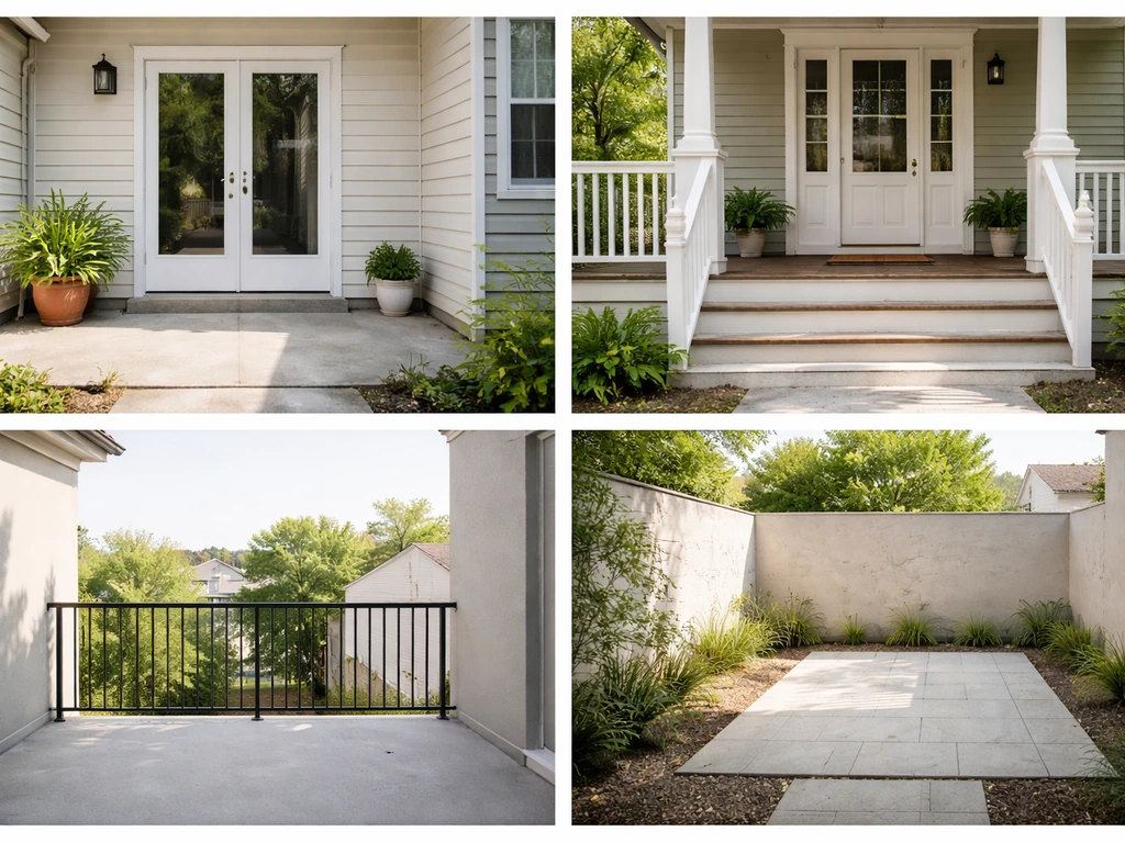 Minimal photo grid comparing attached patio, porch, balcony, and enclosed courtyard outdoors.