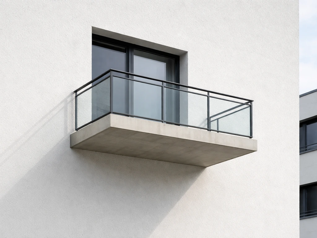 Cantilevered balcony slab extends from a modern building facade with railing and open space below.