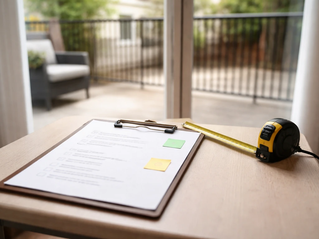 Clipboard with a tape measure and blank checklist pages, with an out-of-focus patio and balcony in the background.