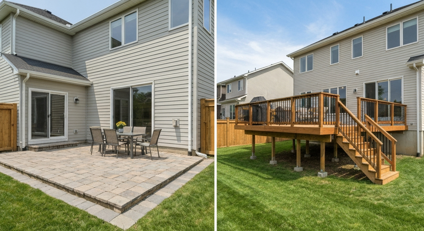 Split image showing a ground-level stone patio (left) and a raised wooden deck attached to a house (right), illustrating the difference in elevation and structure.