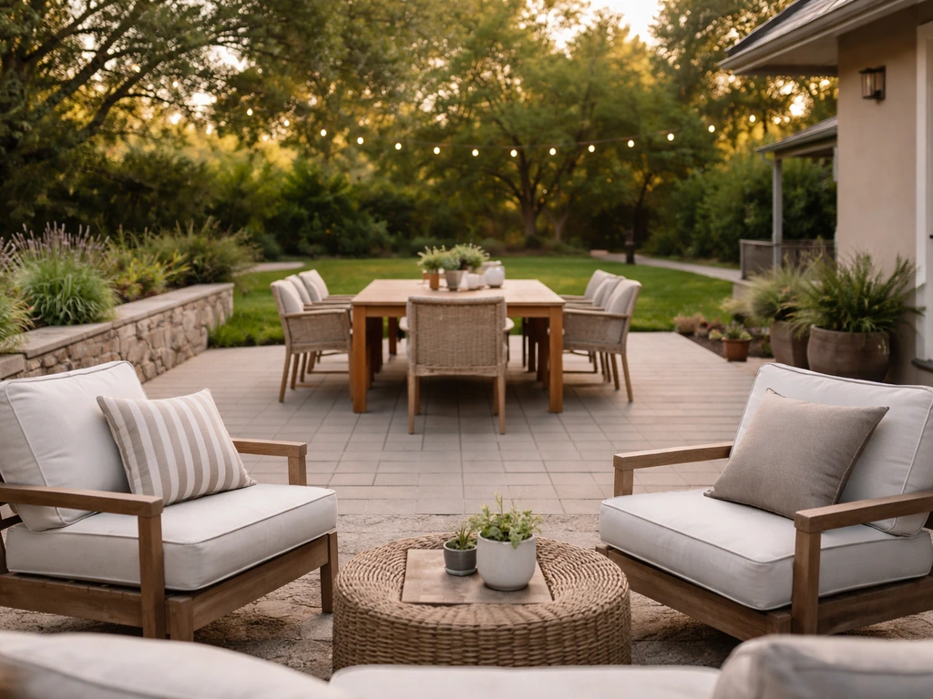 Wide view of a backyard stone patio with outdoor dining table, lounge chairs, and warm evening light.