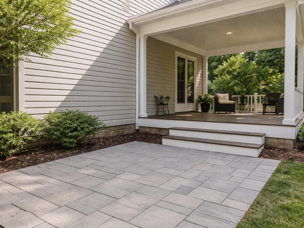 Minimal side-by-side view of a paved patio and a nearby covered porch/veranda with clear flooring differences.