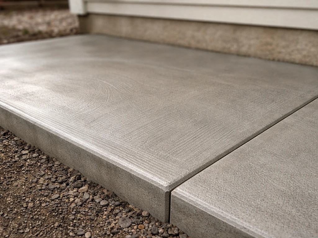 Close-up of a freshly troweled poured concrete patio near a home foundation with clean edges and natural texture