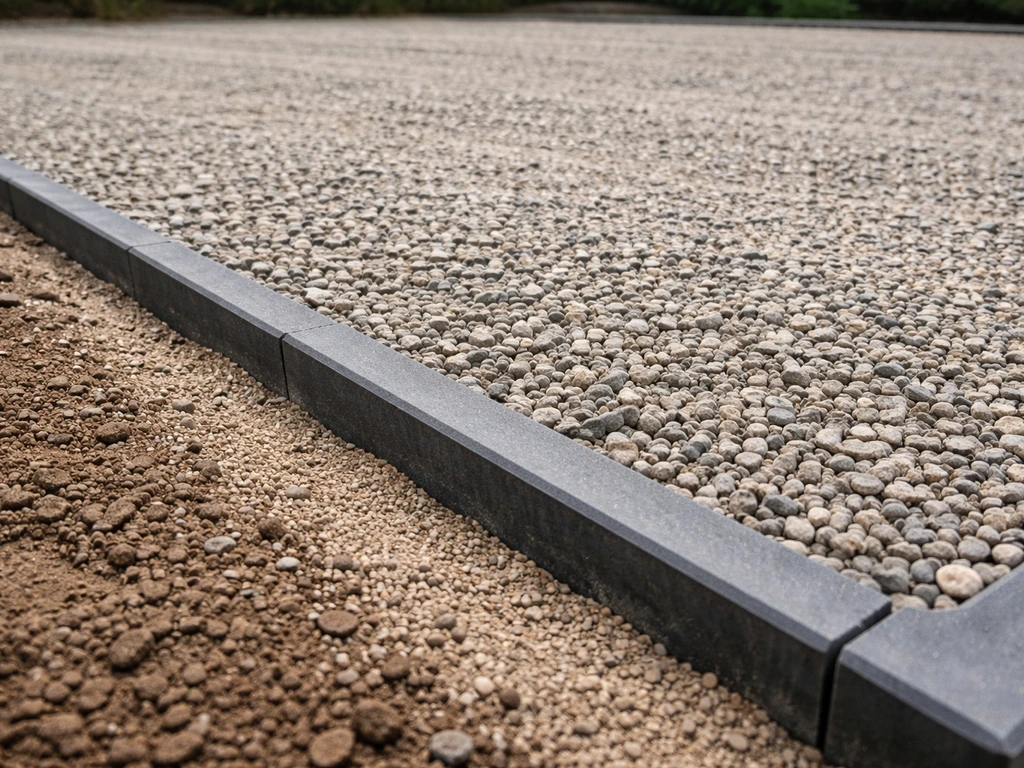 Close view of a gravel patio base with compacted layers and metal edging for drainage
