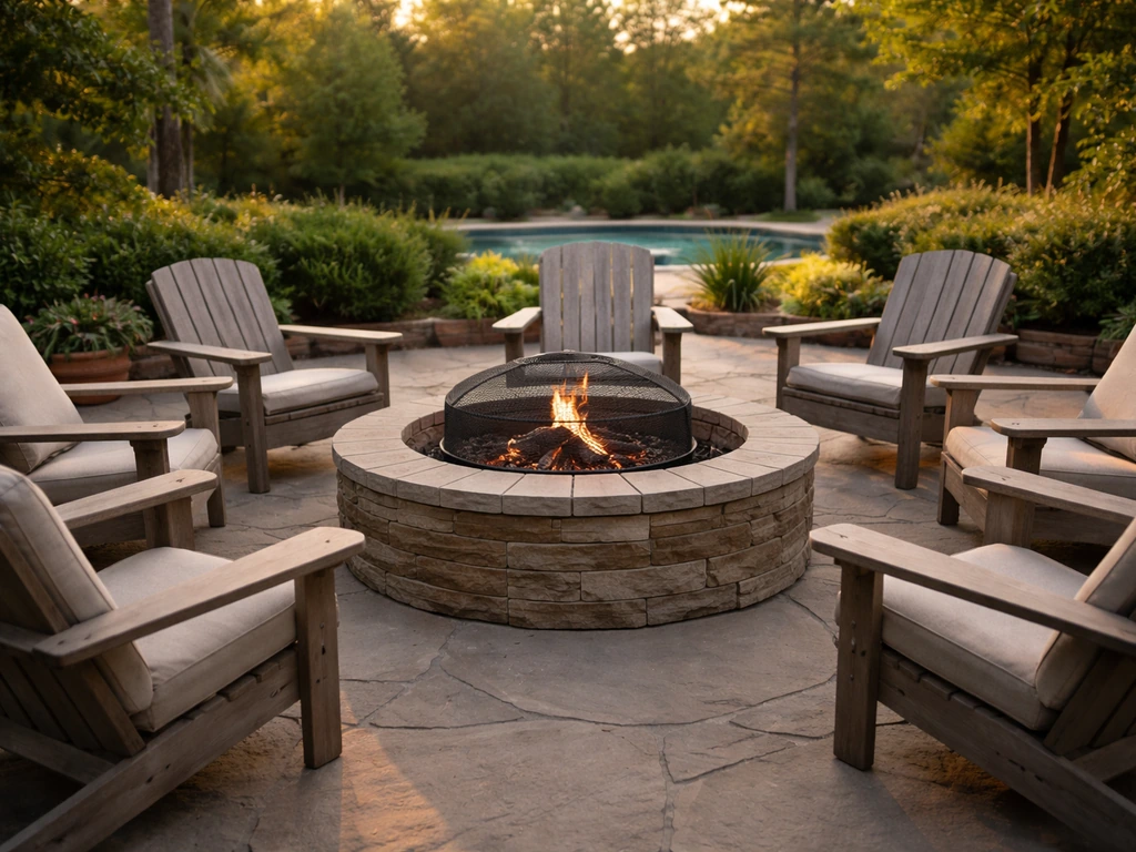 Centered stone fire pit with a circular arc of outdoor chairs on a simple patio at dusk.
