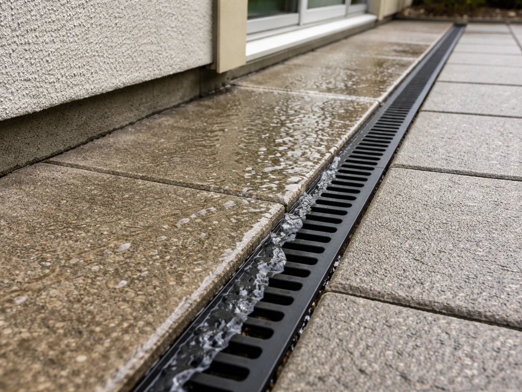 Minimal patio edge showing water beading and draining away from the house for better runoff