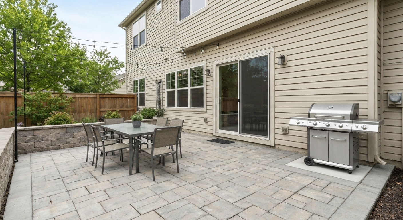 Attached interlocking paver patio with six-person dining set, gas grill, and sliding door showing indoor–outdoor connection.
