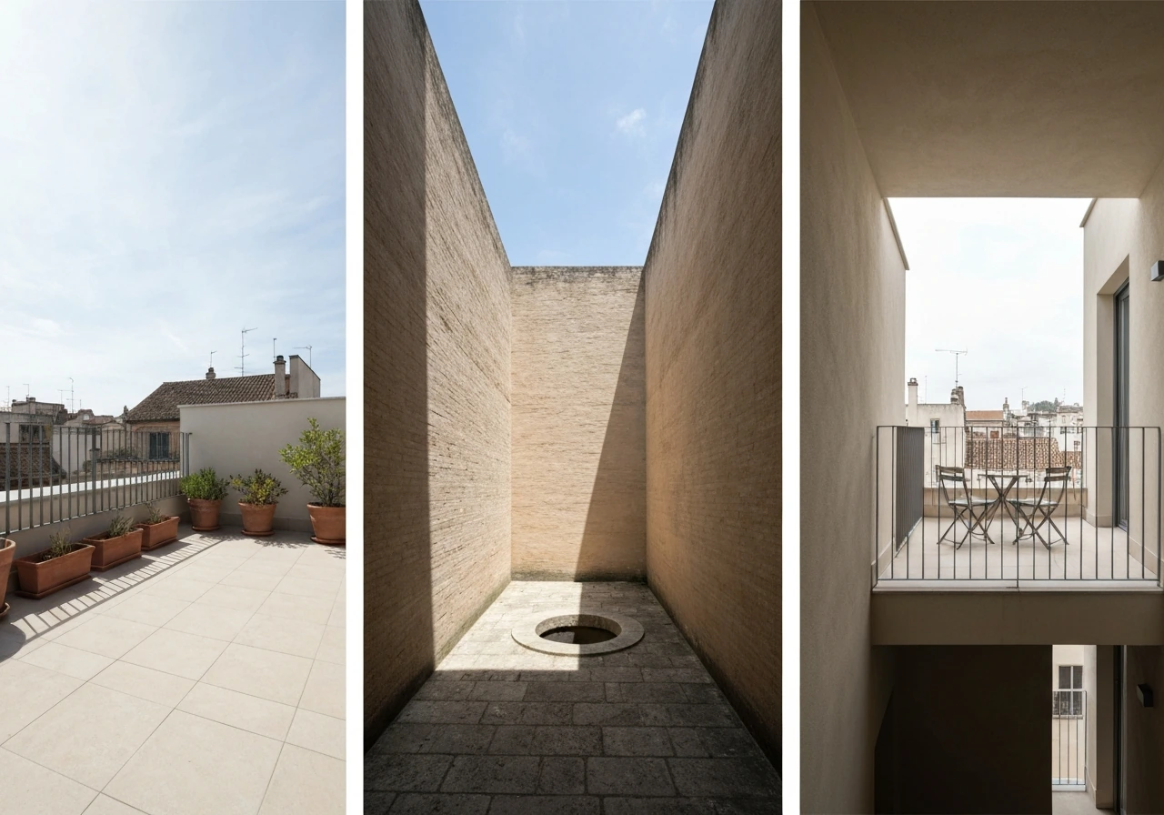 Split-scene of three distinct outdoor spaces: rooftop terrace, inner courtyard well, and elevated balcony.