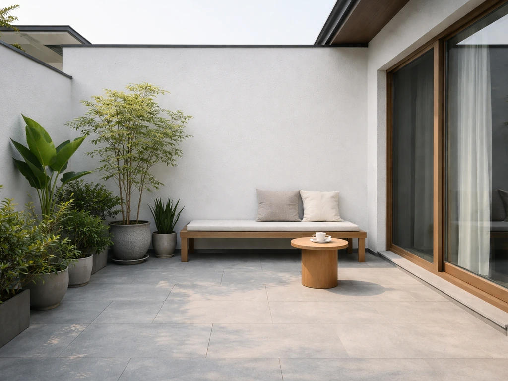 Modern Chinese home’s open-air patio platform with a small outdoor seating area.