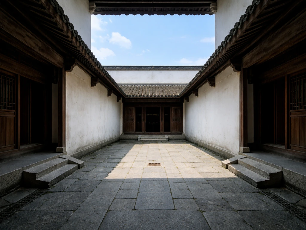 Inner courtyard well with open sky above, surrounded by walls and traditional rooms