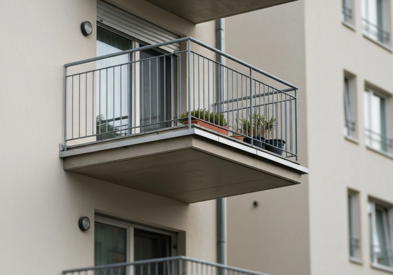 Elevated cantilevered apartment balcony with railing and a few potted plants, not a ground-level terrace.