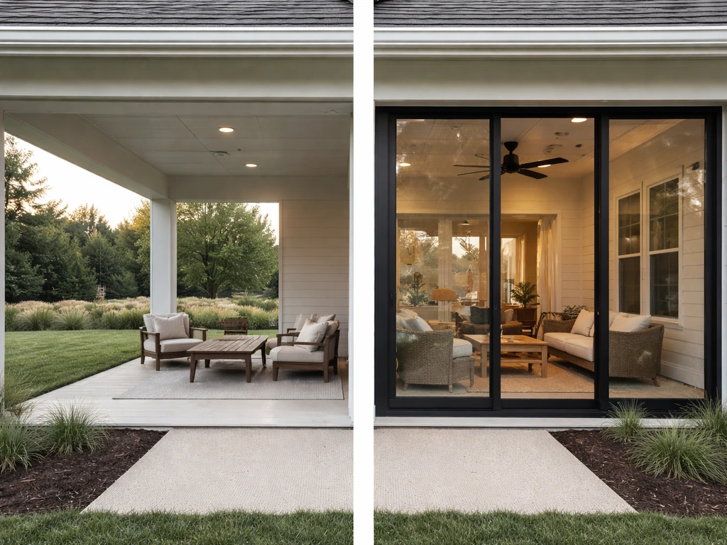 Split view of an open patio vs an enclosed, glass-walled patio with climate-controlled interior.