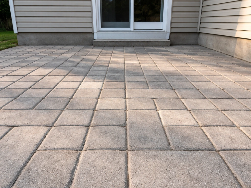 Ground-level patio with brick pavers directly adjoining a home’s exterior wall.