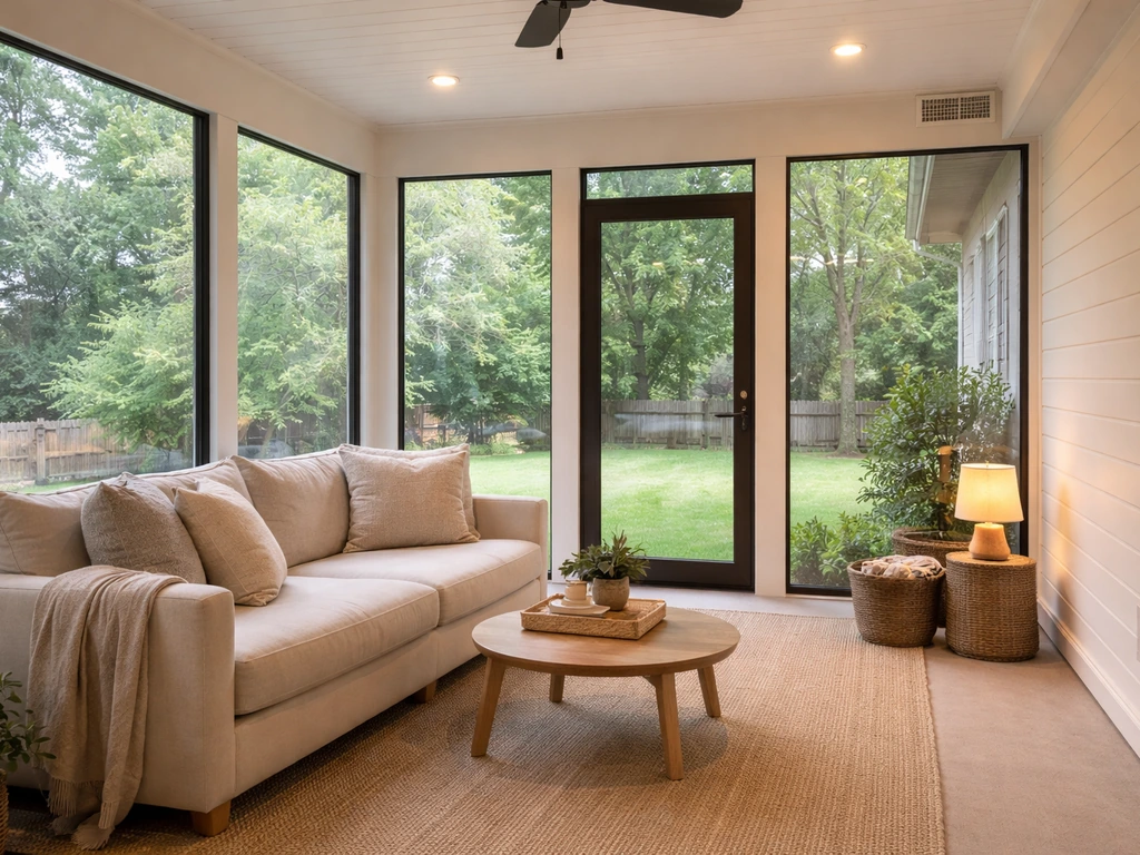 Enclosed patio living space with full screens/walls and visible HVAC vent and insulated windows
