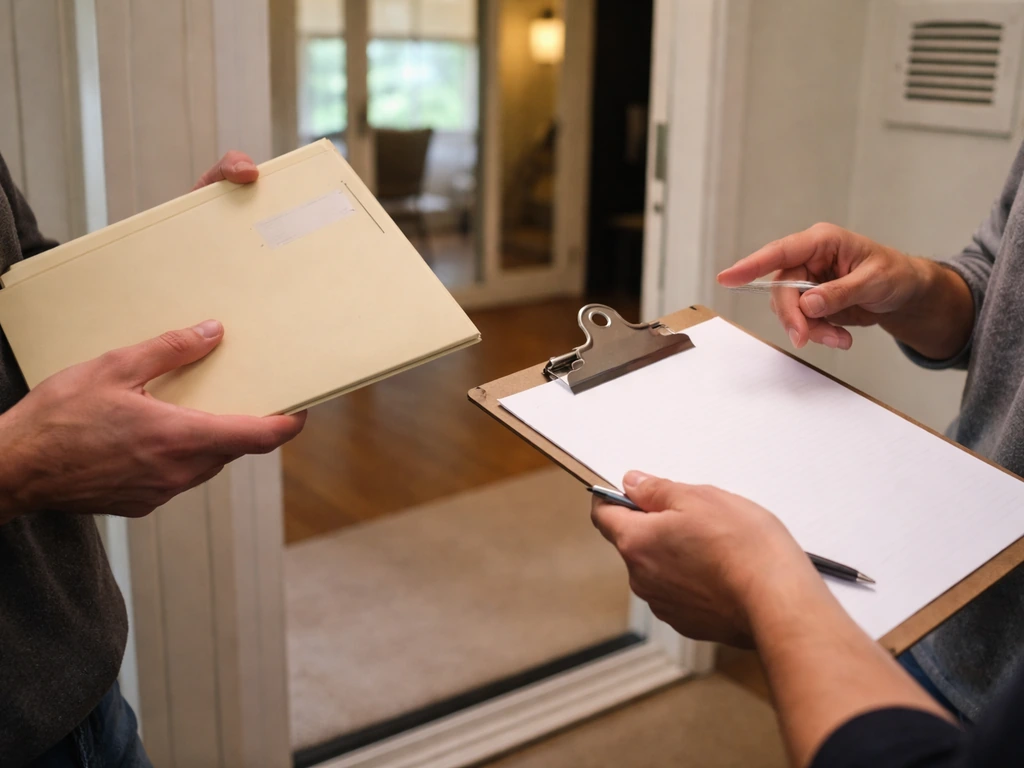 Home contractor and inspector reviewing an enclosed-patio permit folder at a quiet residential doorway