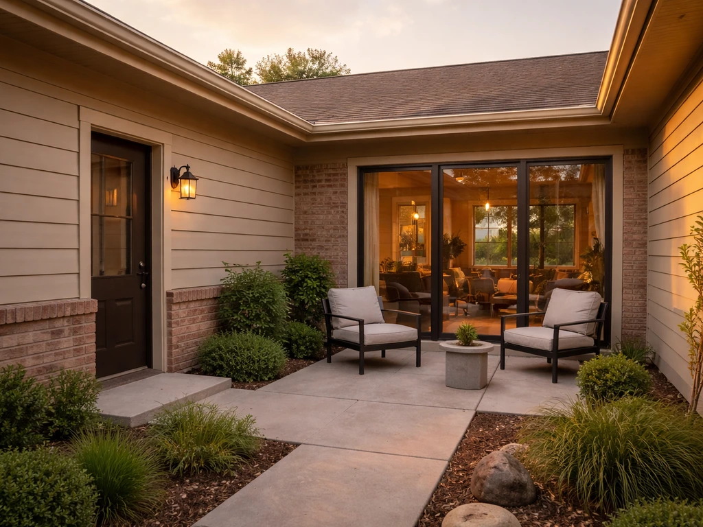 Ground-level patio home exterior with entryway and private courtyard connected to the living area