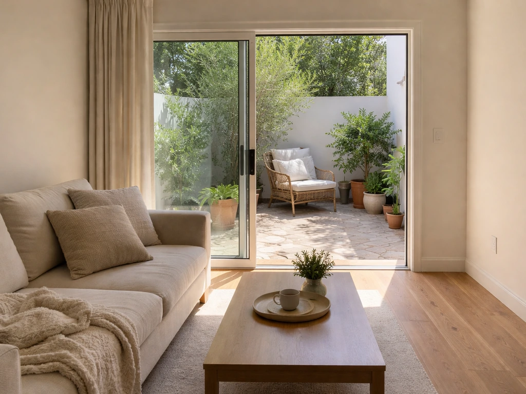 Sunlit living room with open sliding door flowing to a small patio with potted plants