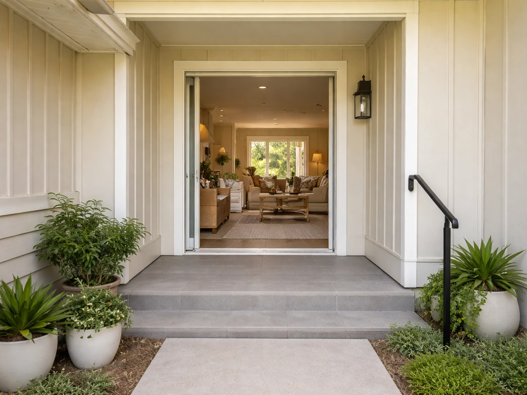 Step-free patio home entry with smooth walkway and accessible layout cues, no people.