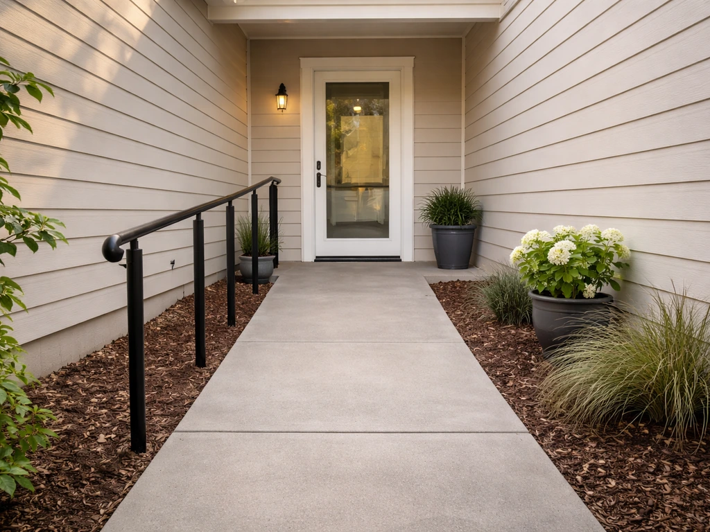 Accessible patio home entrance with a smooth no-steps walkway leading toward a bedroom door.