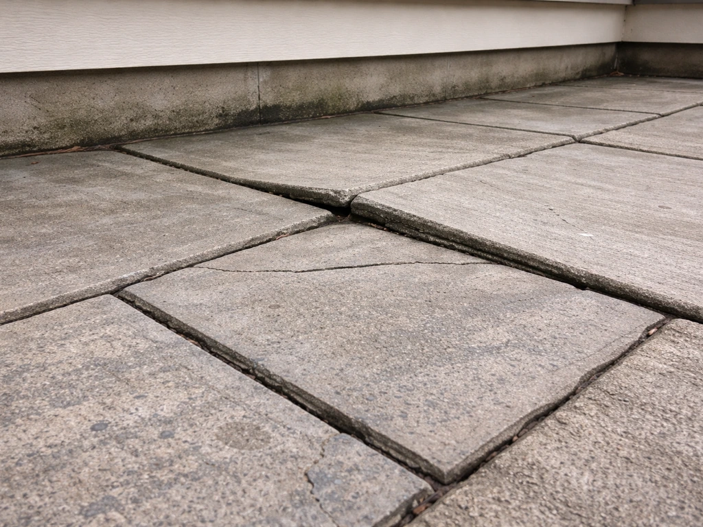 Close-up of a patio surface showing hairline cracks, slight heaving, and water staining near a wall base.