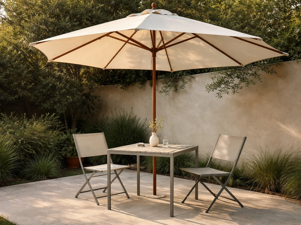 Open patio umbrella shading an outdoor dining/lounge set on a quiet ground-level patio.