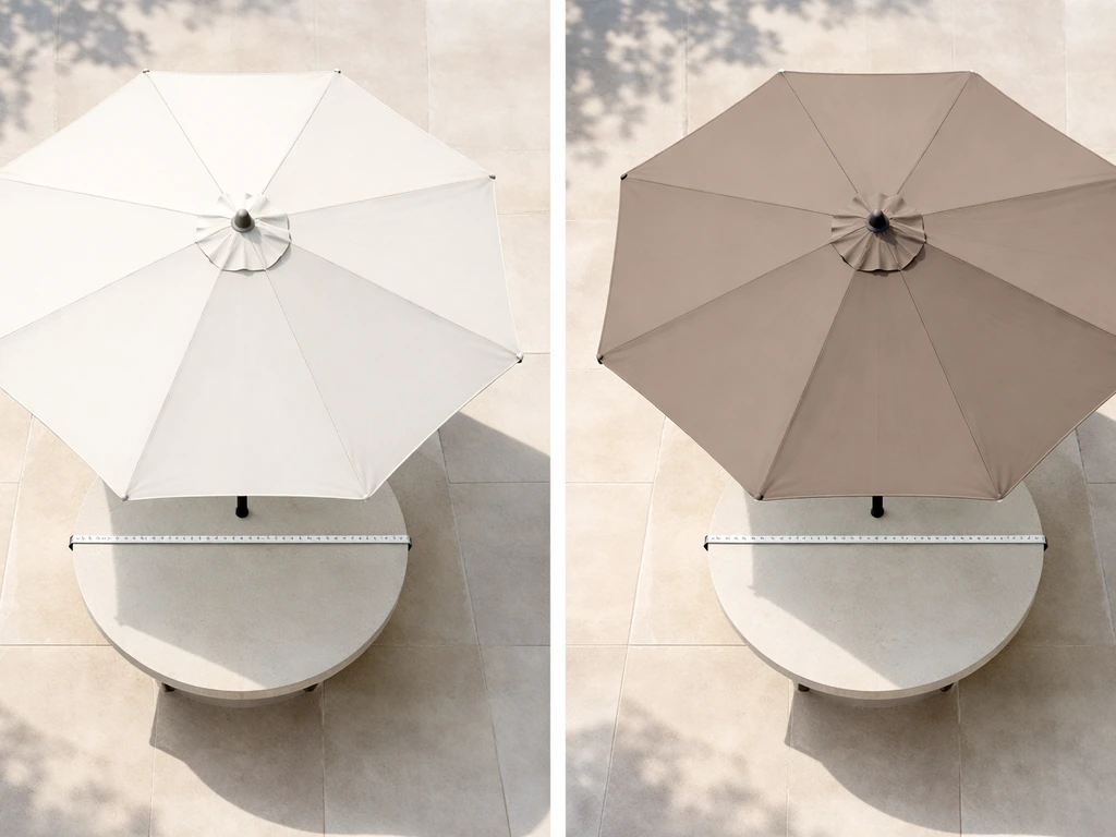 Top-down view of a patio dining table with a measuring tape showing umbrella canopy overhang coverage