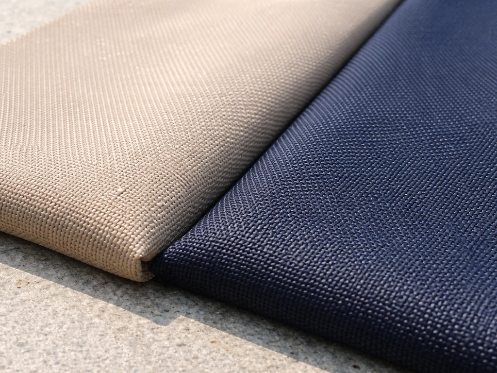 Close-up of UV-resistant outdoor umbrella fabric with two textured color swatches under strong sunlight