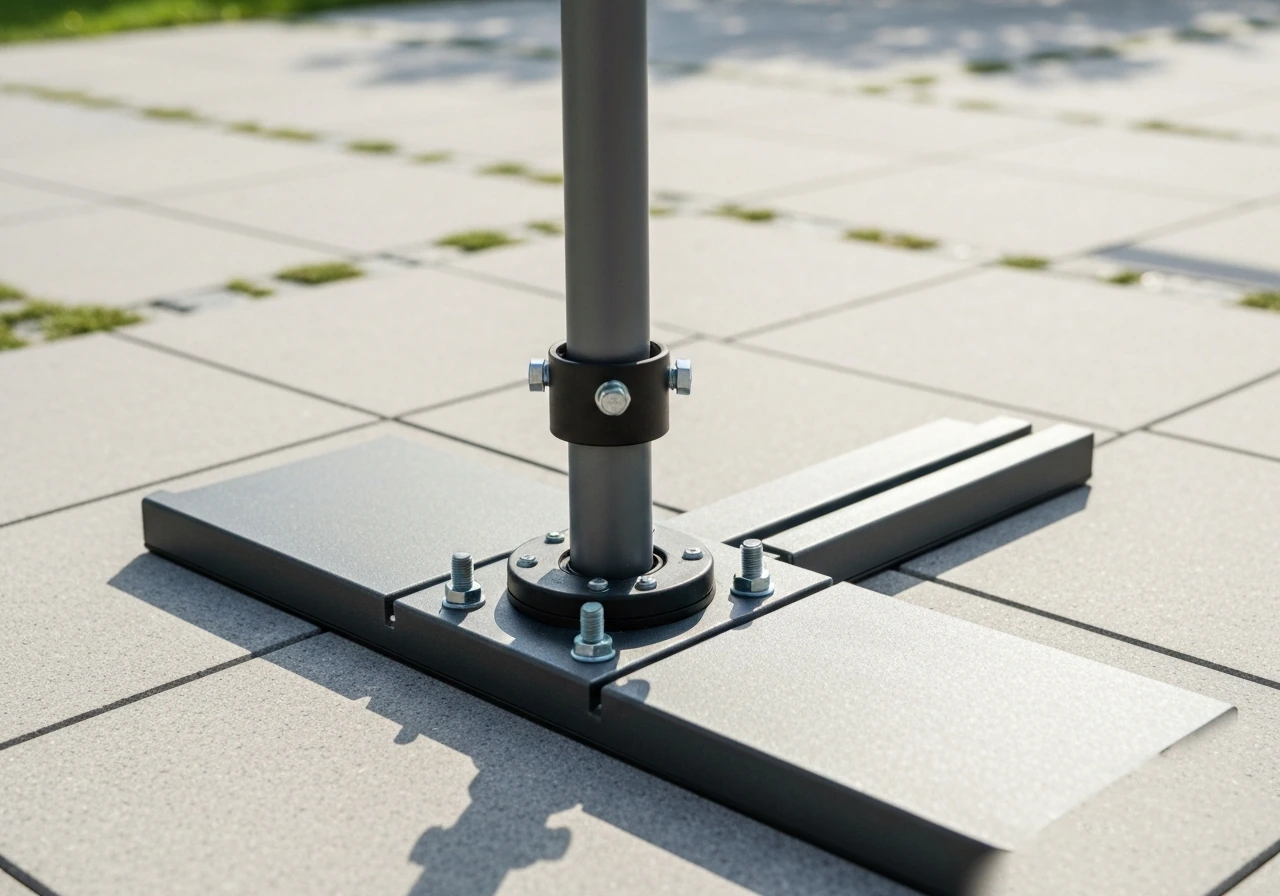 Close-up of a patio umbrella base and mount with visible legs and weights on outdoor stone patio.