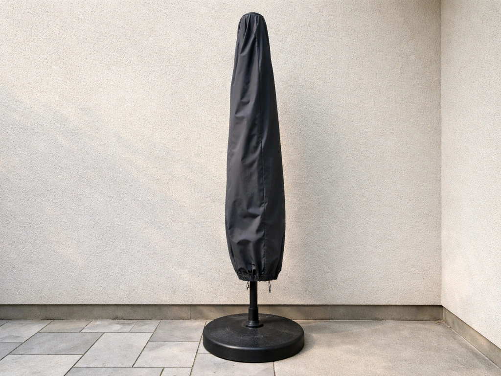 Closed patio umbrella covered with a protective cover in a quiet off-season storage area