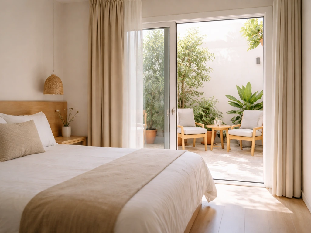 Bright double room with patio doorway open to a small, inviting outdoor seating area.
