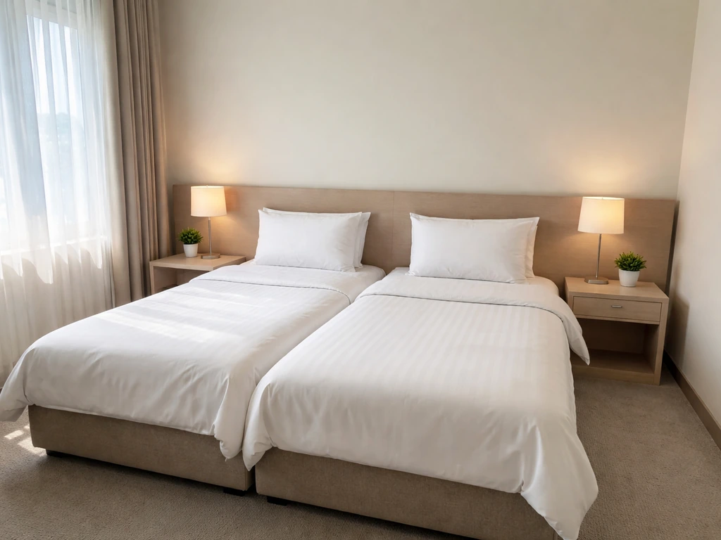 Minimal hotel room with two single beds side-by-side, showing typical double-room layout for two guests.