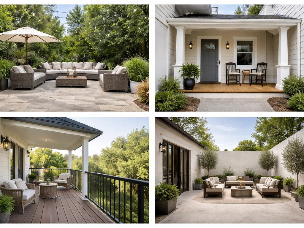 Minimal view showing patio, porch, balcony, and courtyard differences in one natural outdoor scene.