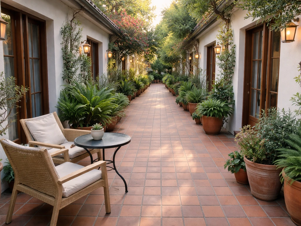 Minimal courtyard patio outside a small boutique lodging with potted plants and open door access.