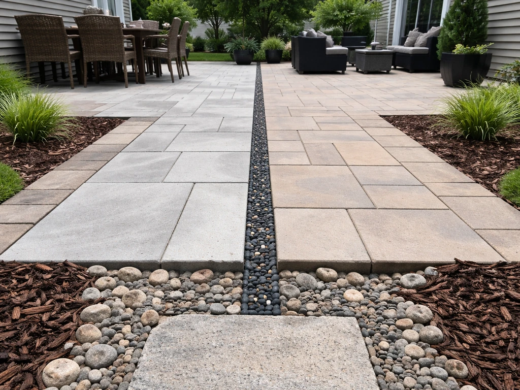Low-angle view of two adjacent patios with a clear boundary and nearby path/planters.