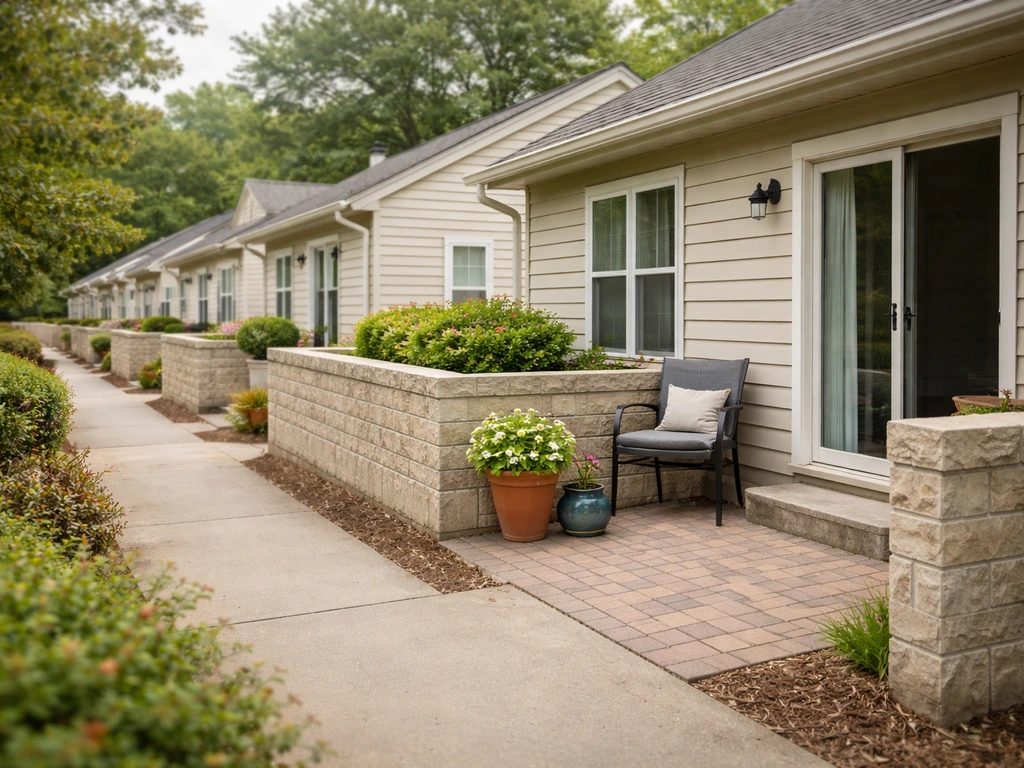 Quiet patio home community with attached units, private fenced patios, and a simple walkway.