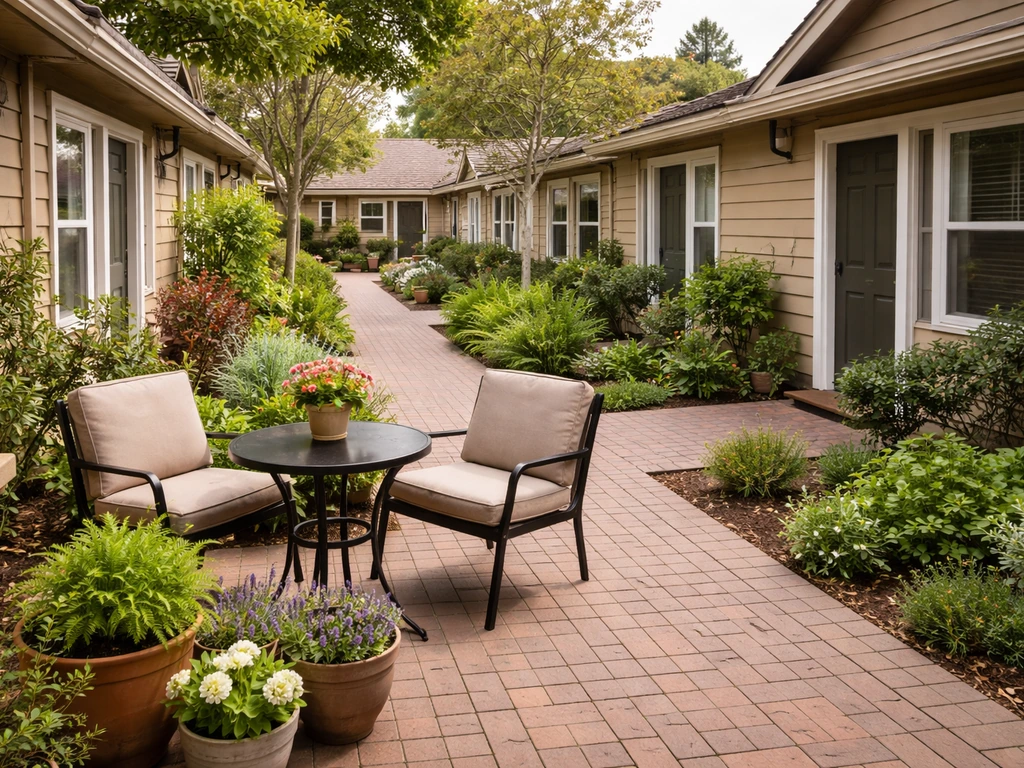 Quiet patio home community with attached units around a shared courtyard and a private patio seating area.
