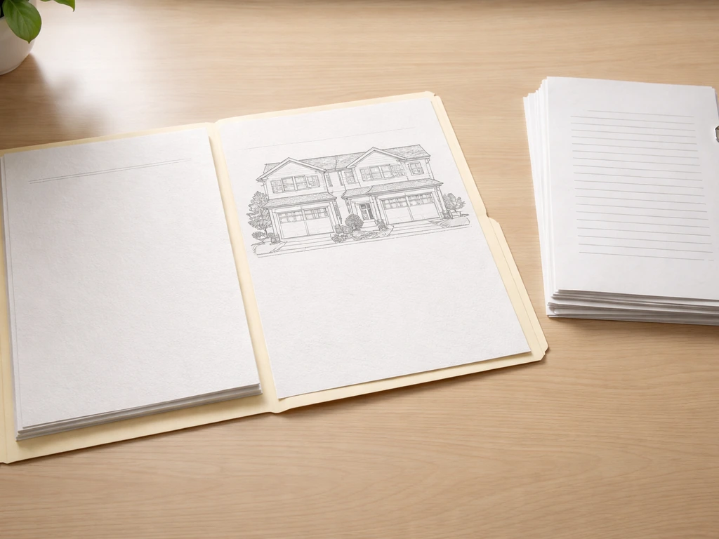 Minimal photo showing a deeded-property folder beside a shared-wall housing sketch and an HOA rules document