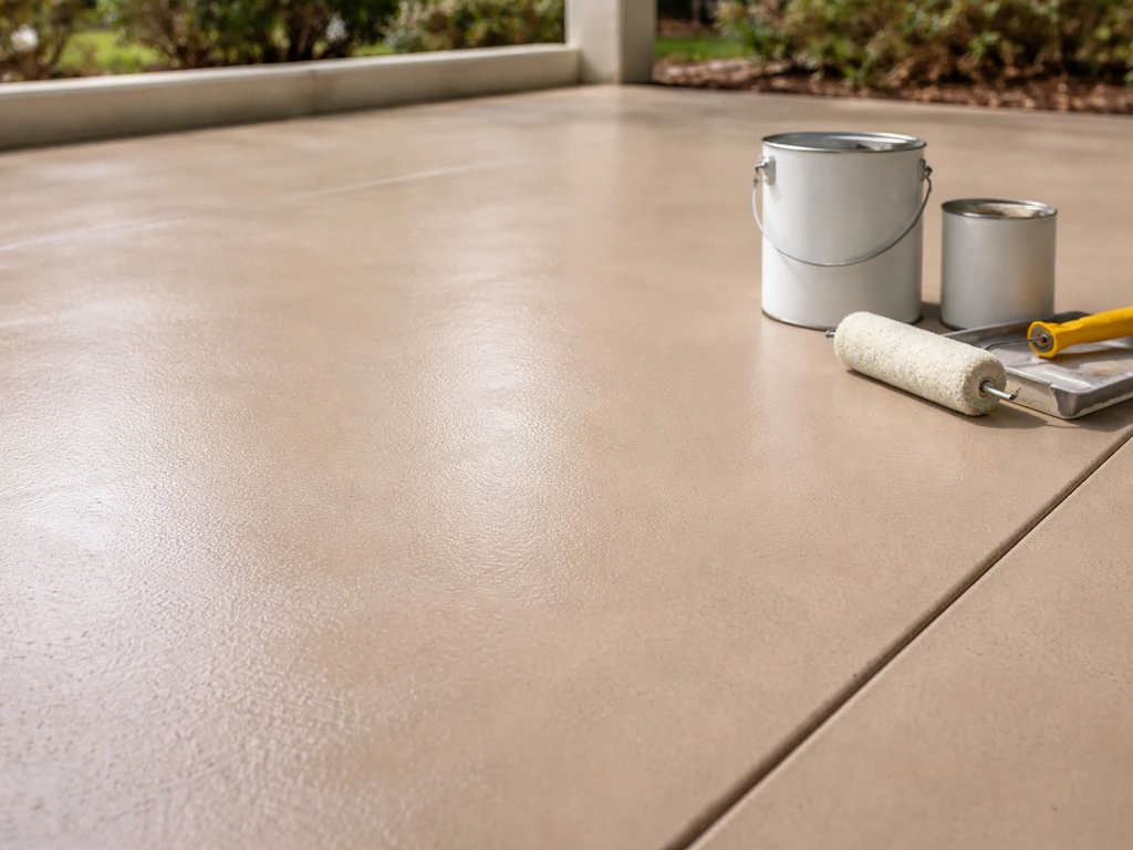 Freshly painted outdoor patio floor with roller and unlabeled paint cans in soft daylight.