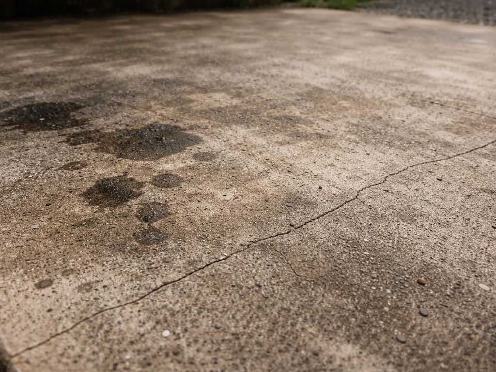 Close-up of a weathered concrete patio slab with patchy discoloration and dark oil stains.
