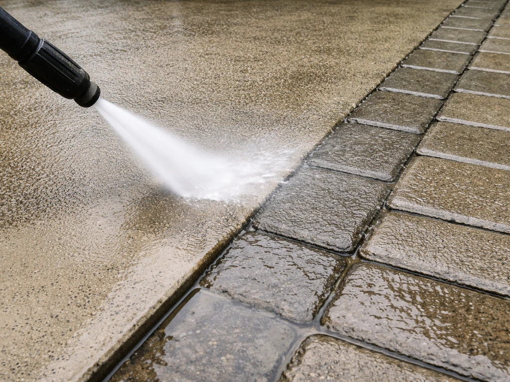 Pressure washer cleaning bare concrete and nearby pavers on an outdoor patio surface.
