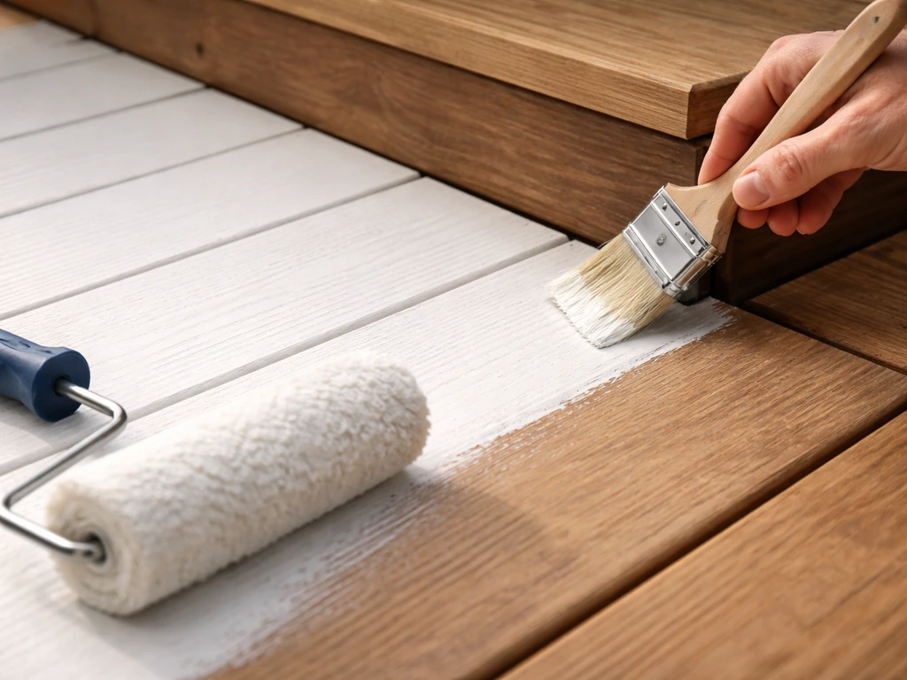 Close-up of a roller and brush painting a wood patio edge where joists meet deck boards.