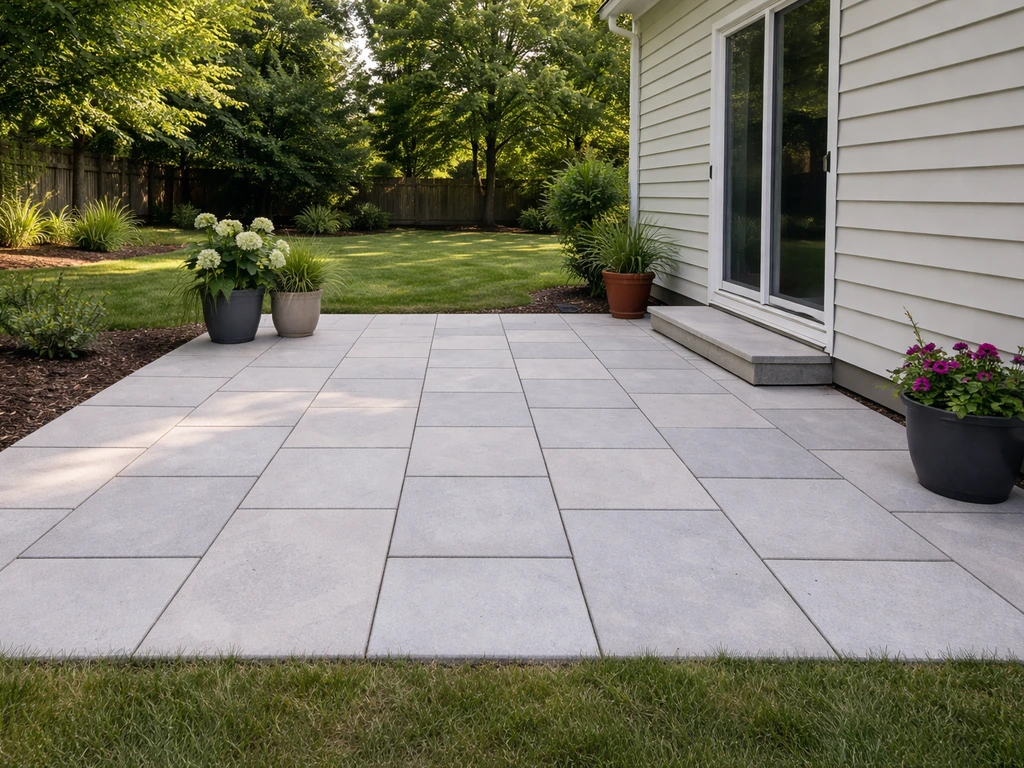 Ground-level open-sky patio with hard flooring beside a home, showing a clear homeowners example.