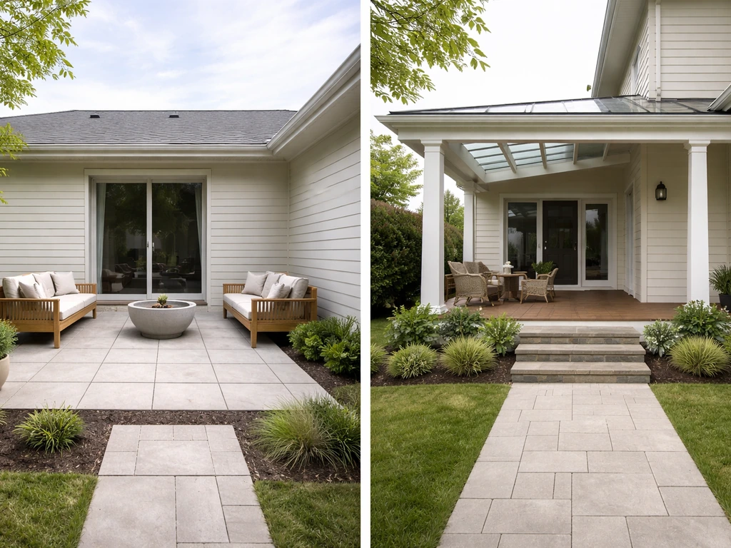 Split-view of a ground-level open patio and an elevated roofed porch with steps