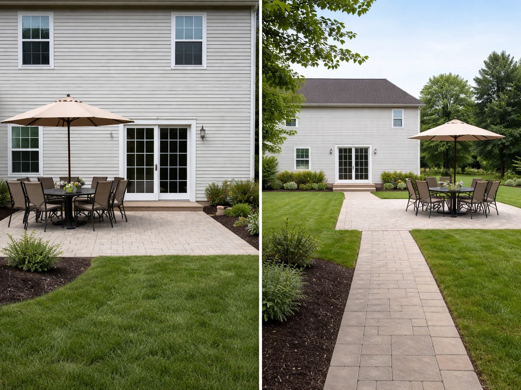 Side-by-side view of an attached patio connected to house doors and a detached patio farther in the yard.