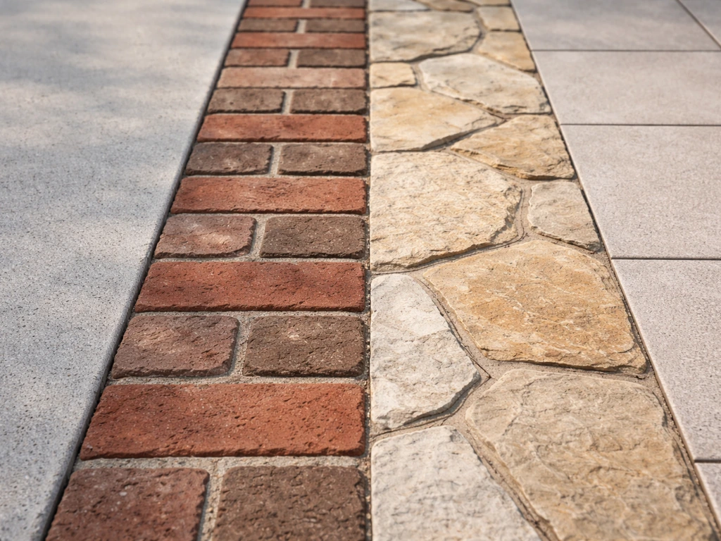 Close-up photo set of distinct patio surface textures: concrete, brick pavers, natural stone, and tile.