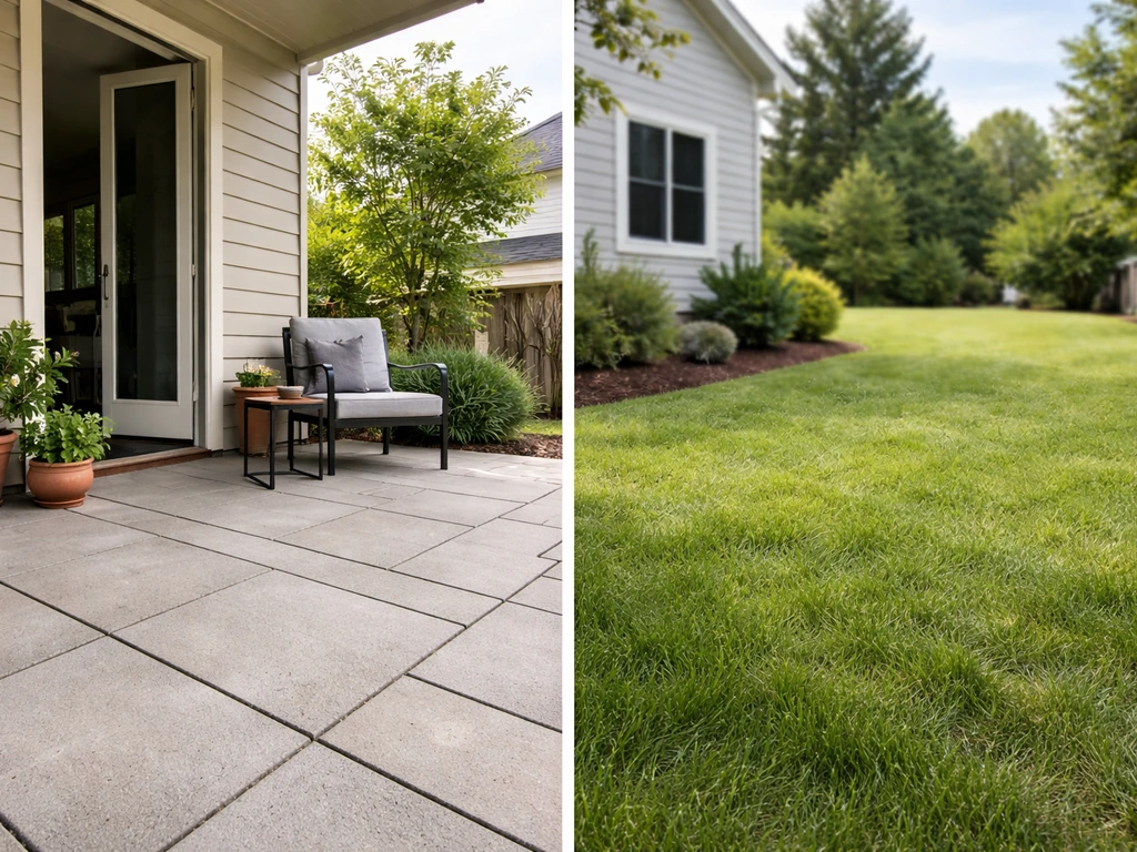 Clear split view: patio pavers by the back door on one side and the broader rear yard on the other.