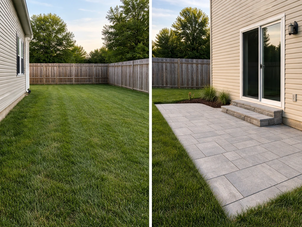 Split view showing a backyard lawn area behind a house and a nearby hard-surface patio by the exterior door.
