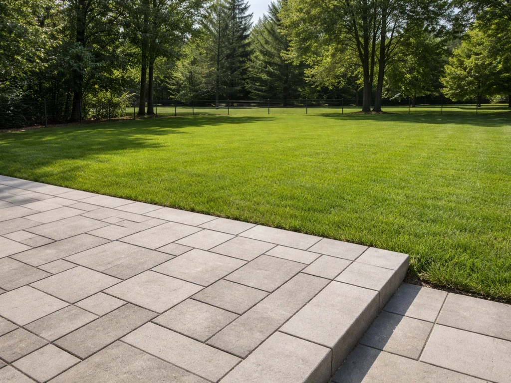 Stone paver patio beside a green yard with subtle height and fence cues in view.