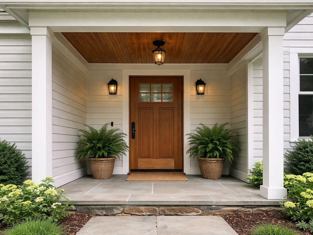 Front porch attached to a house with a covered roof and entry steps, no people.