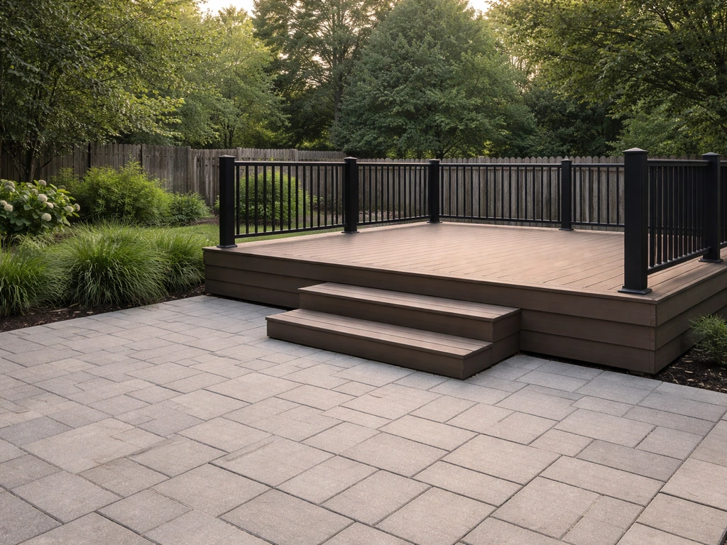 Side-by-side view showing a ground-level patio and an elevated deck with steps and railings.
